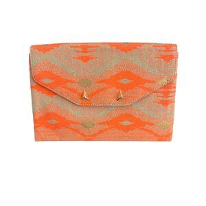 Stella Dot Orange Slim City Aztec Print Envelope Clutch Polka Dot Lining NWOT